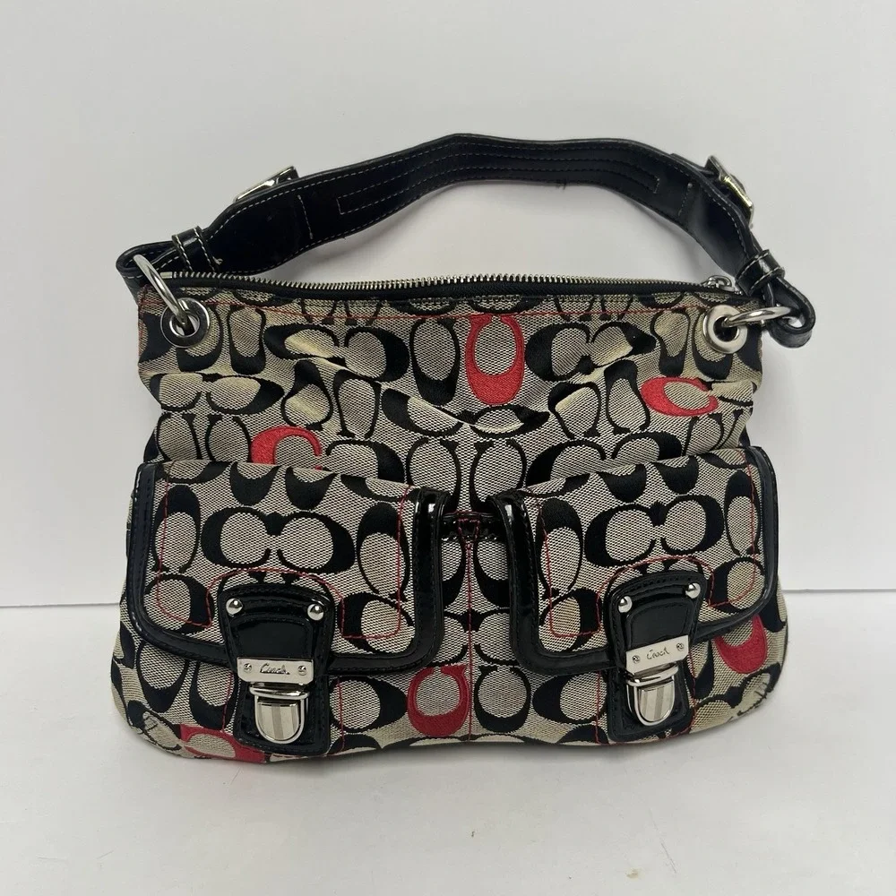 Coach Signature Monogram Hobo Shoulder Bag Black Tan Red Canvas No G1282-21186